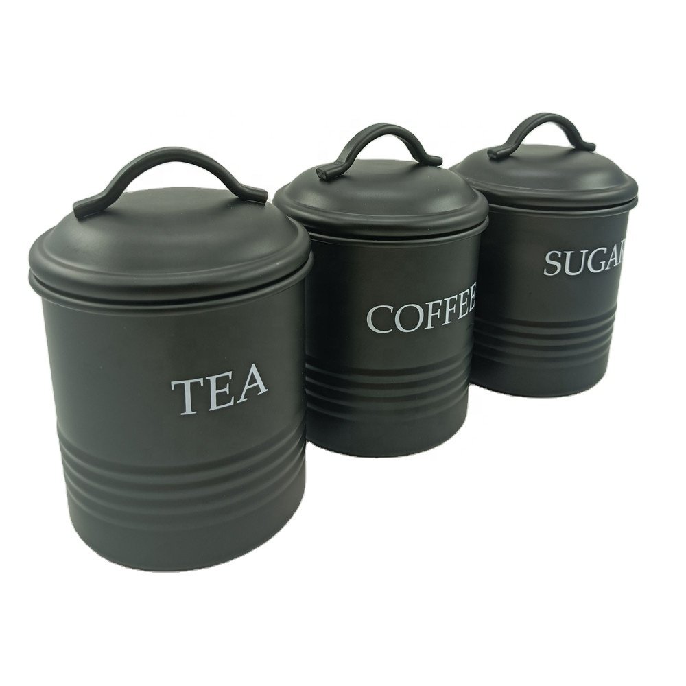 Customized Elegant Modern 3 Piece Metal Kitchen Matte Black Food Storage Canisters Sets Sugar Tea Coffee Canisters Set