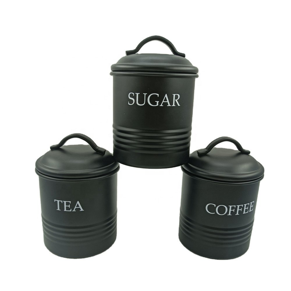 Customized Elegant Modern 3 Piece Metal Kitchen Matte Black Food Storage Canisters Sets Sugar Tea Coffee Canisters Set