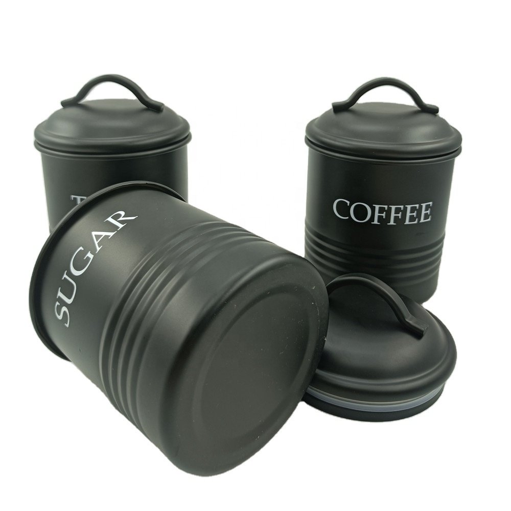 Customized Elegant Modern 3 Piece Metal Kitchen Matte Black Food Storage Canisters Sets Sugar Tea Coffee Canisters Set