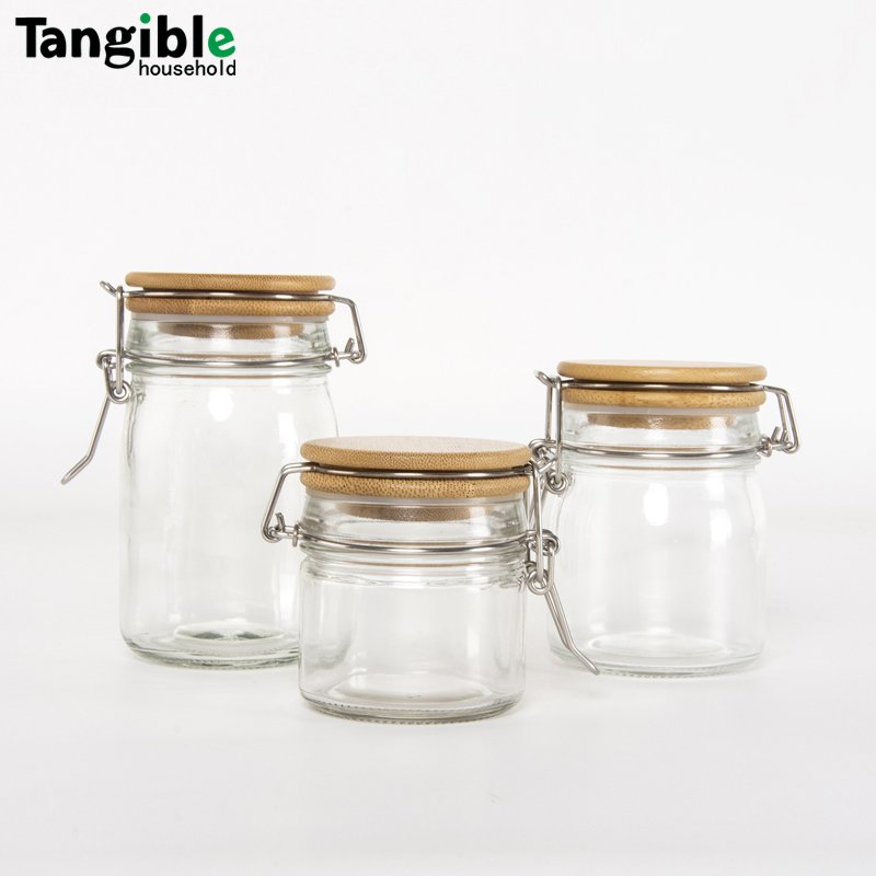 High quality custom glass storage jar glass storage container with clip bamboo lid in competitive price
