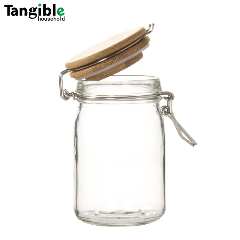 High quality custom glass storage jar glass storage container with clip bamboo lid in competitive price
