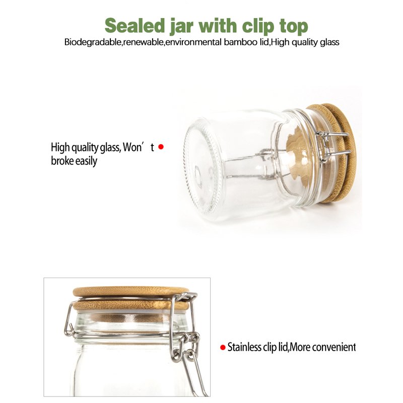 High quality custom glass storage jar glass storage container with clip bamboo lid in competitive price