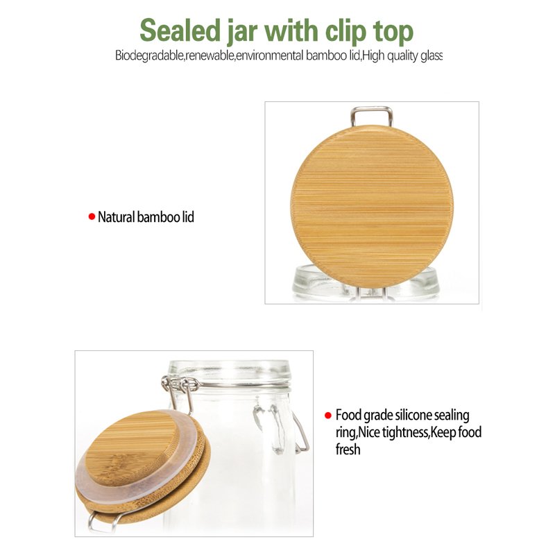 High quality custom glass storage jar glass storage container with clip bamboo lid in competitive price