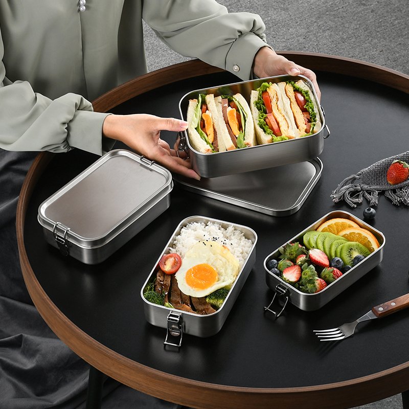 Bamboo Lid Lunch Box Rectangular Food Box with Snap Seal Lunch Box High Quality Stainless Steel 304 Food Containers Rectangle