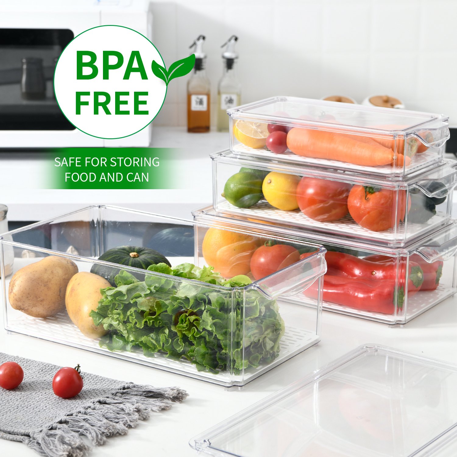 Stackable Food Storage Bins Fridge Produce Saver Refrigerator Organizer Keeper with Removable Drain Tray