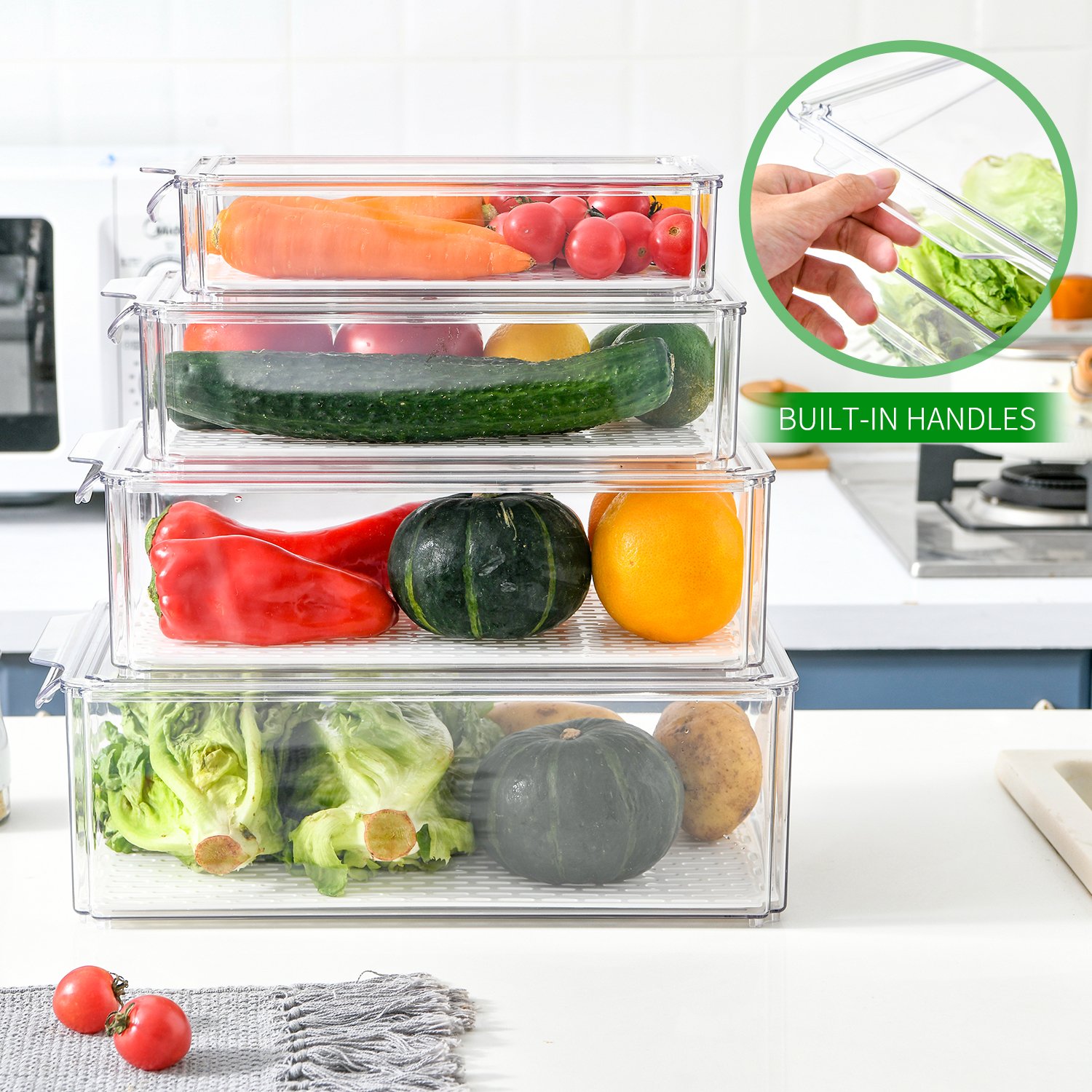 Stackable Food Storage Bins Fridge Produce Saver Refrigerator Organizer Keeper with Removable Drain Tray