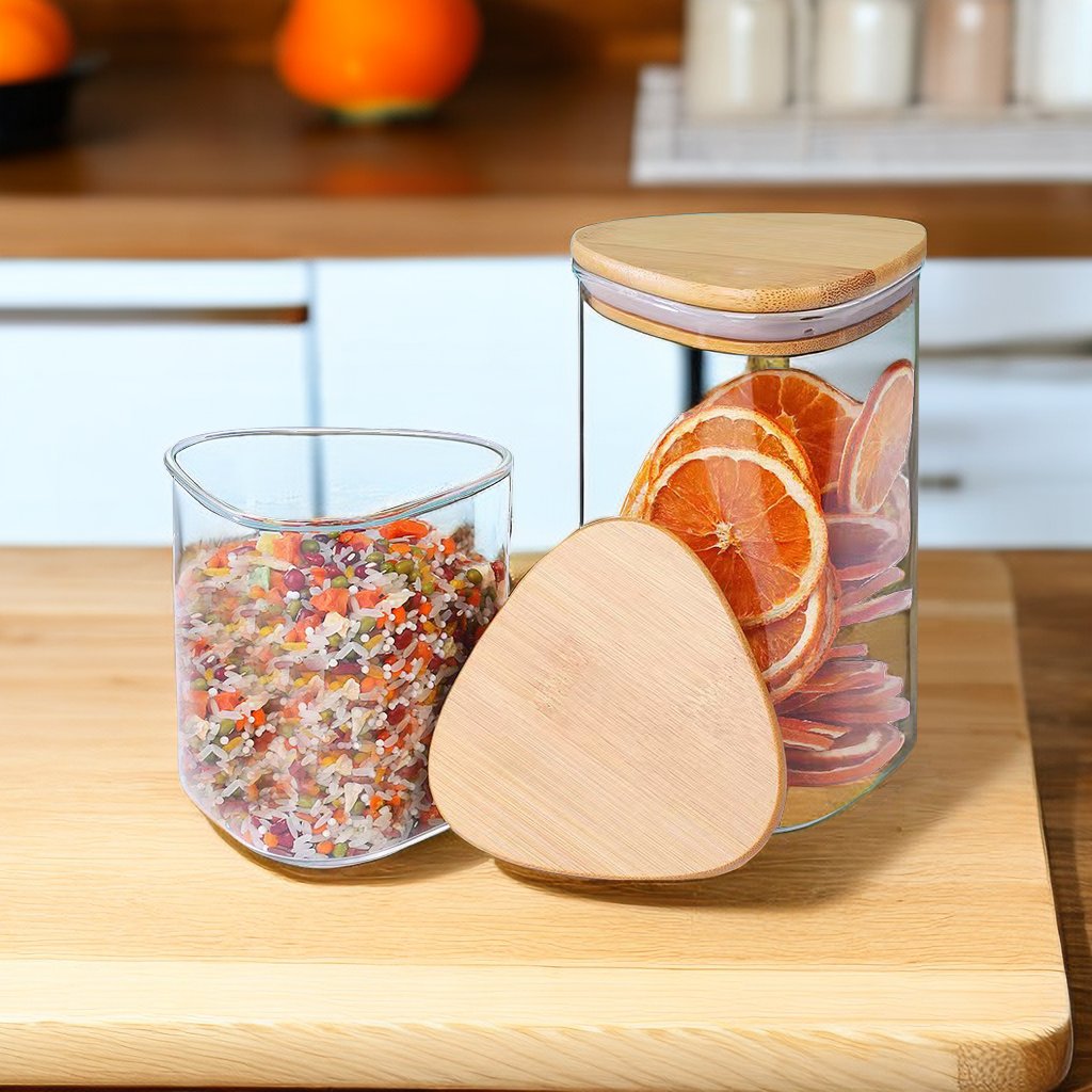 Triangle Borosilicate Glass Storage Food Jar With bamboo Lid for kitchen and snacks