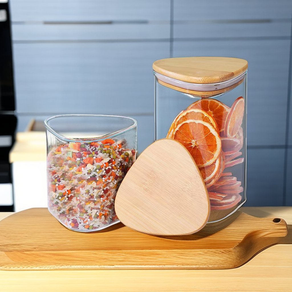Triangle Borosilicate Glass Storage Food Jar With bamboo Lid for kitchen and snacks
