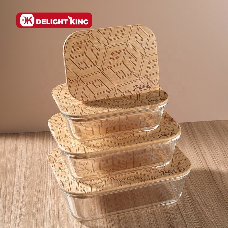 Printing patterns bamboo lid glass containers customized glass lunch box with bamboo lid for glass food storage set