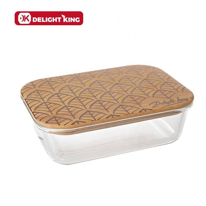 Printing patterns bamboo lid glass containers customized glass lunch box with bamboo lid for glass food storage set