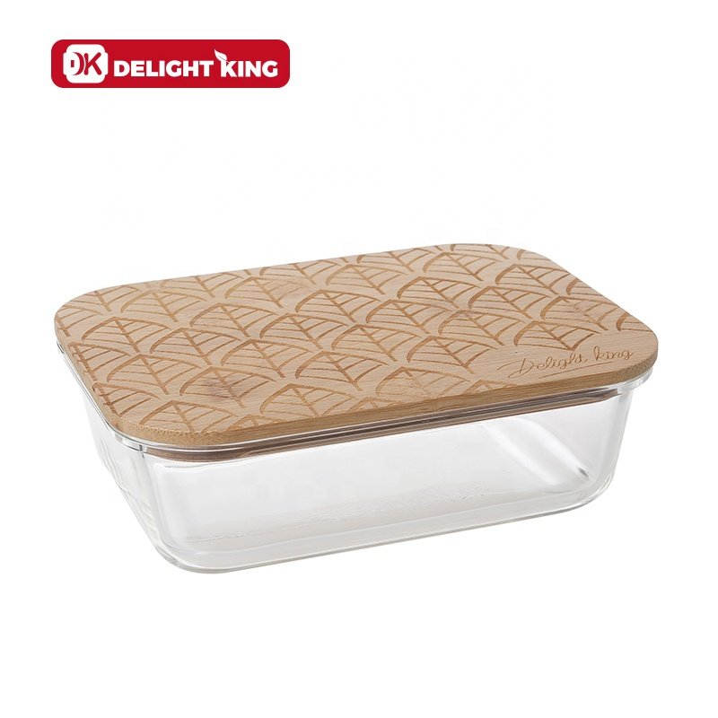 Printing patterns bamboo lid glass containers customized glass lunch box with bamboo lid for glass food storage set