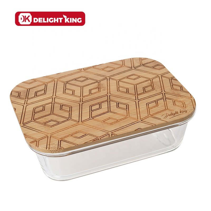 Printing patterns bamboo lid glass containers customized glass lunch box with bamboo lid for glass food storage set
