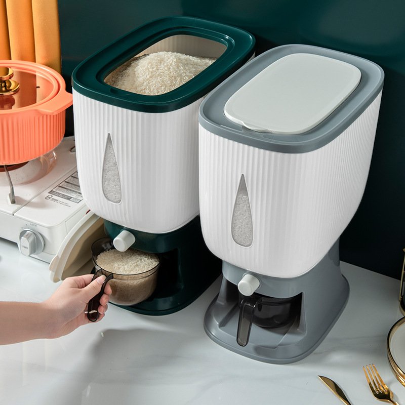 Modern 10L Plastic Dry Food Bucket Eco-Friendly Kitchen Cereal Grain Storage with Measuring Cup Moisture-Proof Rice Dispenser