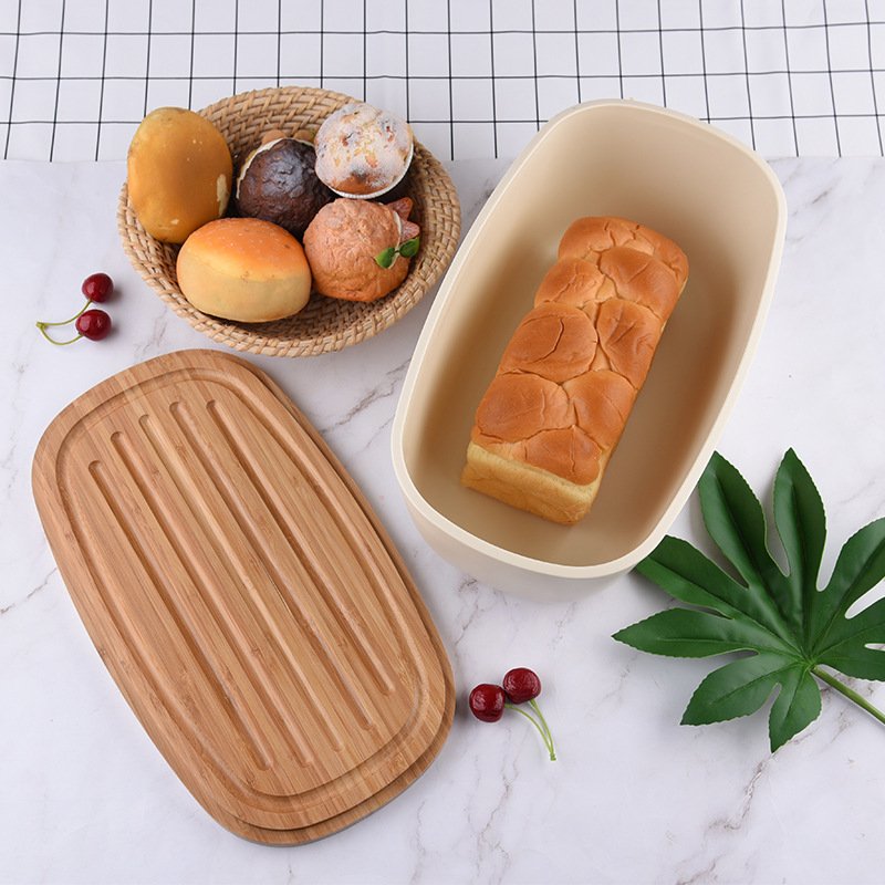 Oval/square bread pan Bamboo Lid Plastic Bread Bin Box Bread Storage Box