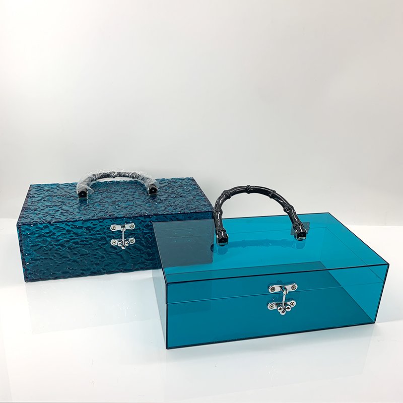 Factory Custom Classical Translucent Blue Acrylic Organizer Traveling Cosmetic Handle Box Acrylic Hinge Storage Box