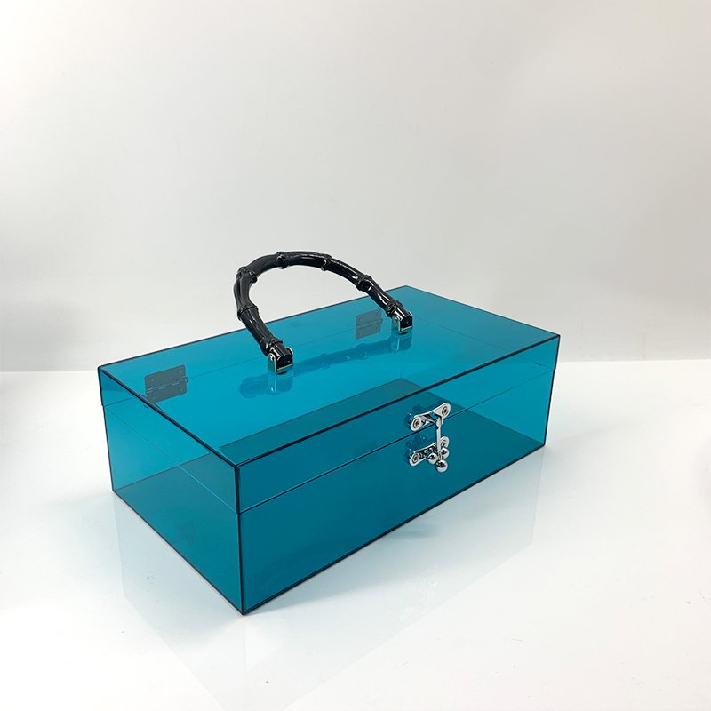 Factory Custom Classical Translucent Blue Acrylic Organizer Traveling Cosmetic Handle Box Acrylic Hinge Storage Box