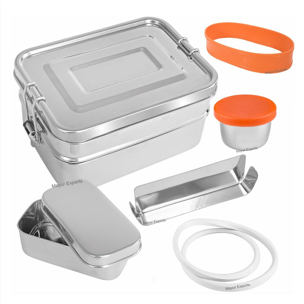 5 in 1 Stainless Steel Lunch Box Double Layer Bento Lunch Box with movable compartment dip container and snacks container