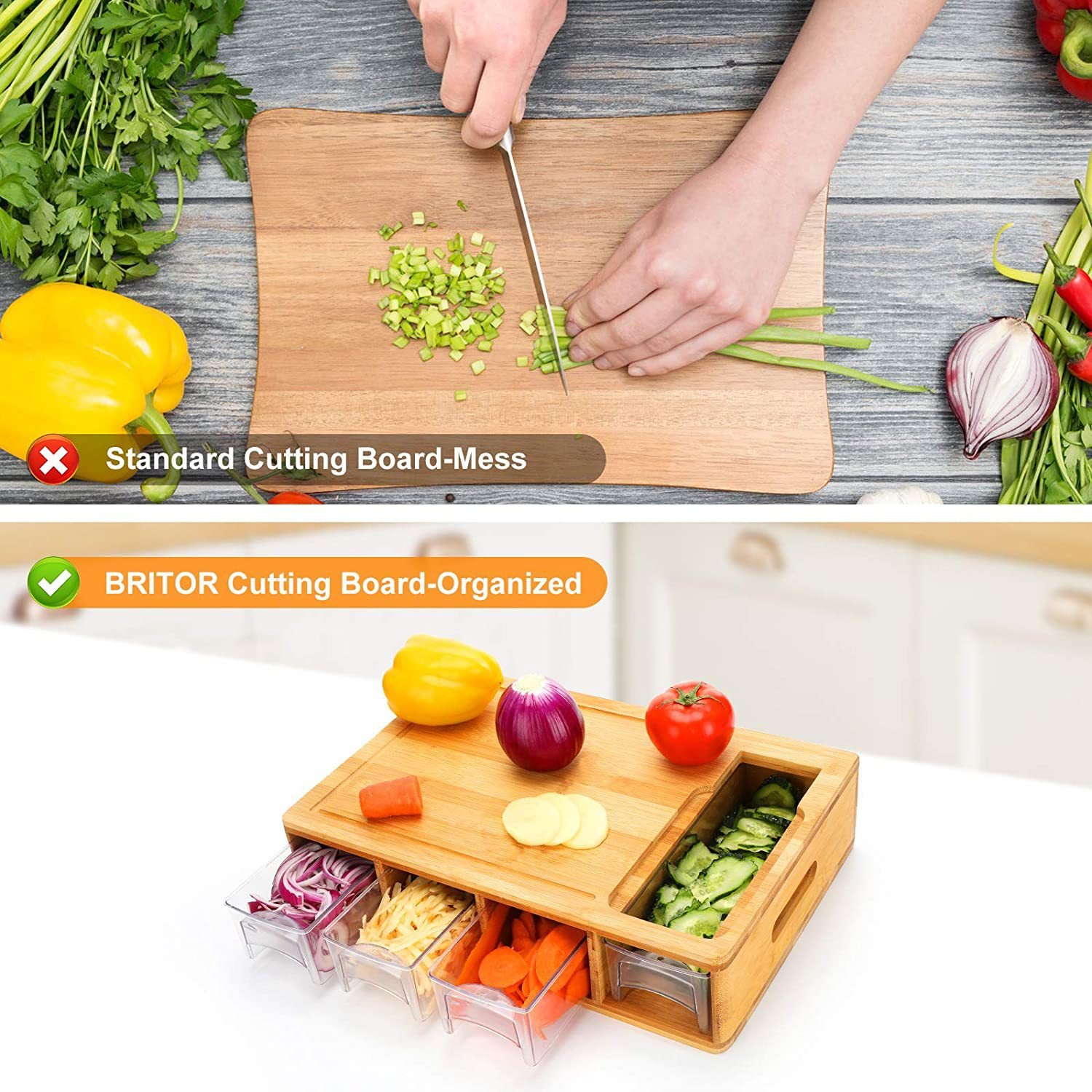 Bamboo and wood cutting board food storage container drawer type vegetable classify cutting board creative cutting board