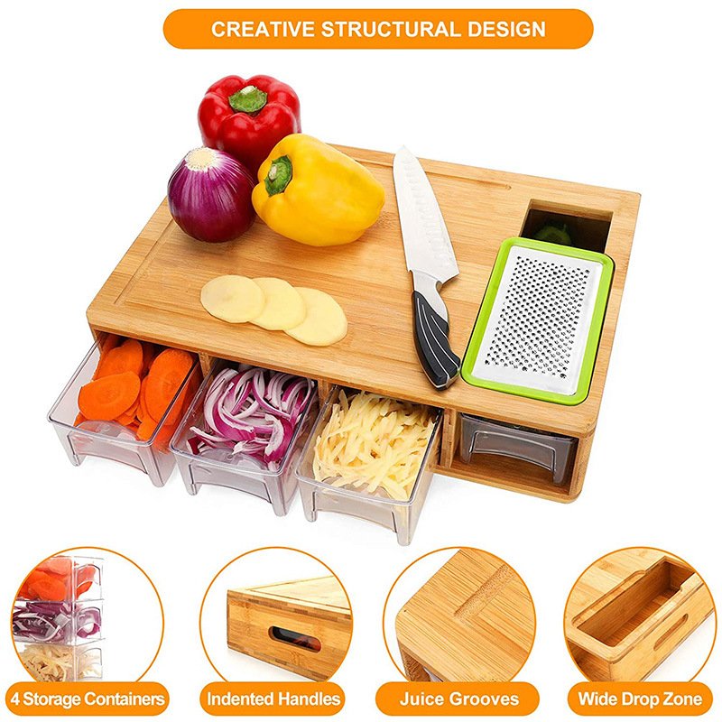 Bamboo and wood cutting board food storage container drawer type vegetable classify cutting board creative cutting board