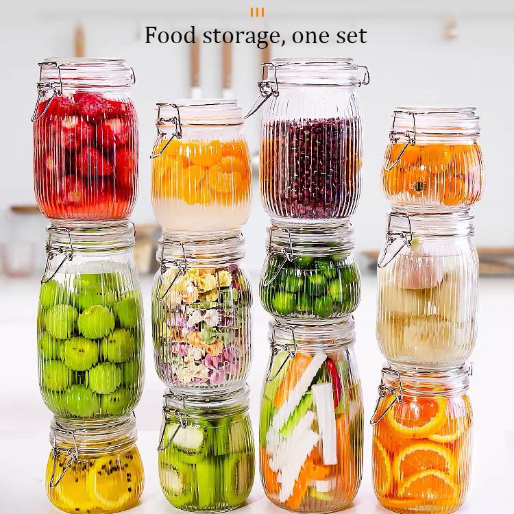 Sample Available Kitchen Custom Luxury Clear Glass Hermetic Square Round Sealed Food Storage Jar With Airtight Metal Clip Lock Lid Wide Mouth