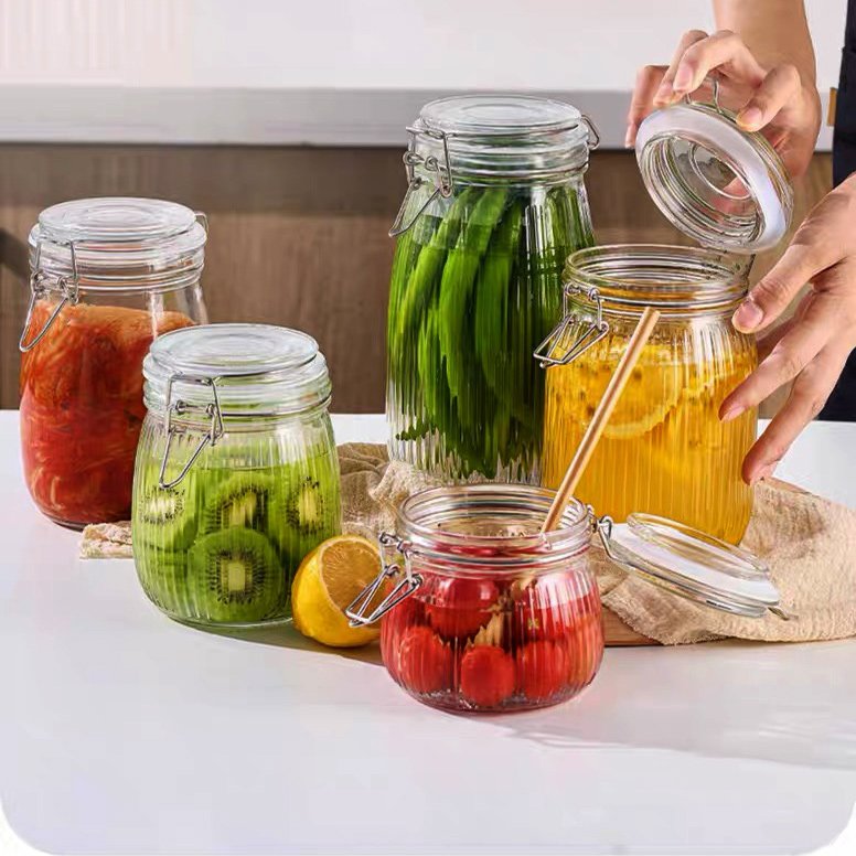 Sample Available Kitchen Custom Luxury Clear Glass Hermetic Square Round Sealed Food Storage Jar With Airtight Metal Clip Lock Lid Wide Mouth