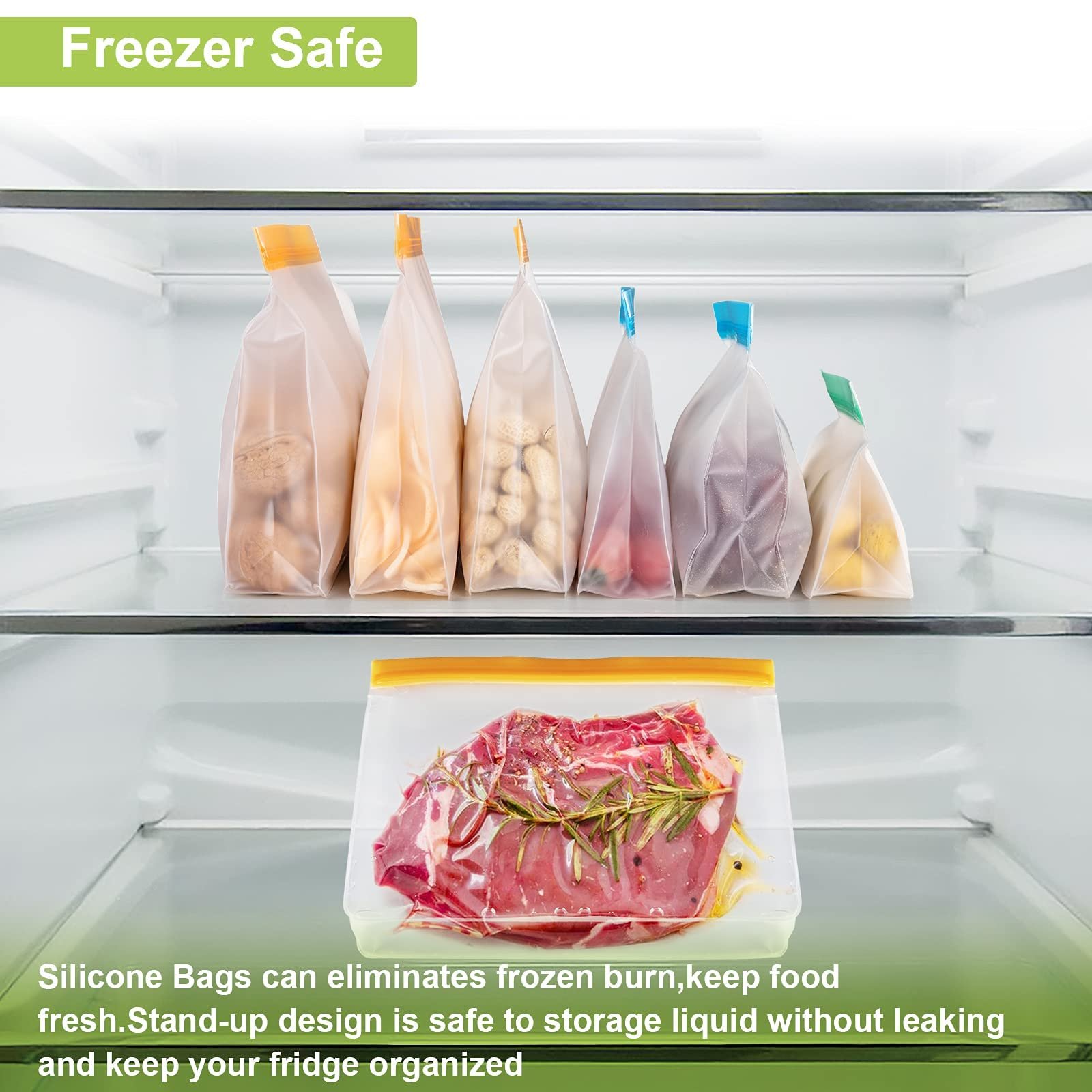 Reusable Food Storage Bags Food Grade Reusable Freezer Bag for Meat Fruit Veggies Snacks