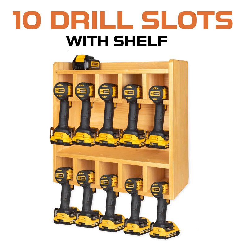 Wood Power Tool Organizer Fully Assembled Wood Tool Chest and 10 Drill Charging Station, Heavy Duty Storage Shelves