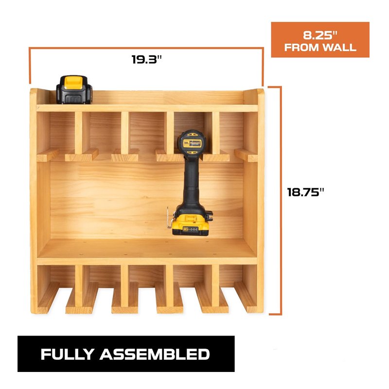 Wood Power Tool Organizer Fully Assembled Wood Tool Chest and 10 Drill Charging Station, Heavy Duty Storage Shelves