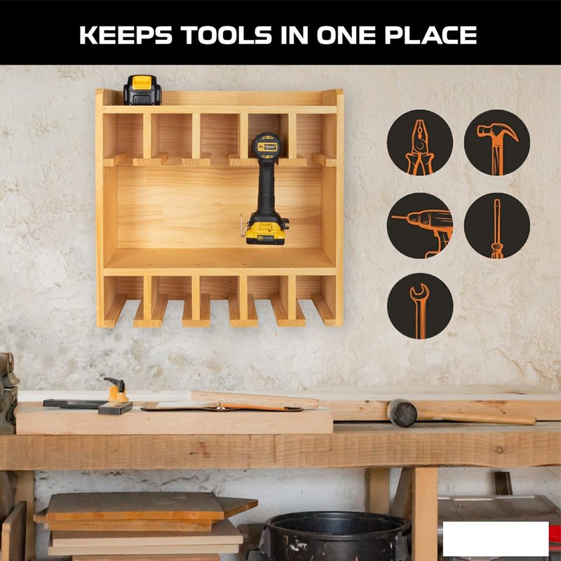 Wood Power Tool Organizer Fully Assembled Wood Tool Chest and 10 Drill Charging Station, Heavy Duty Storage Shelves
