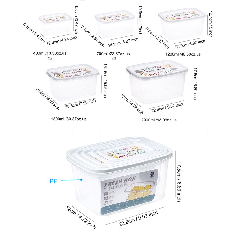 Custom 7Pcs BPA Free Refrigerator Storage Box Food Storage Containers Set clear plastic organizers kitchen accessories