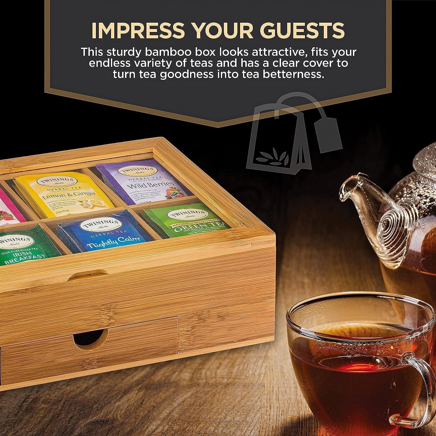 Factory Direct Tea Chest with Slide-Out Drawer & Acrylic Window Bamboo Storage Box for tea bag