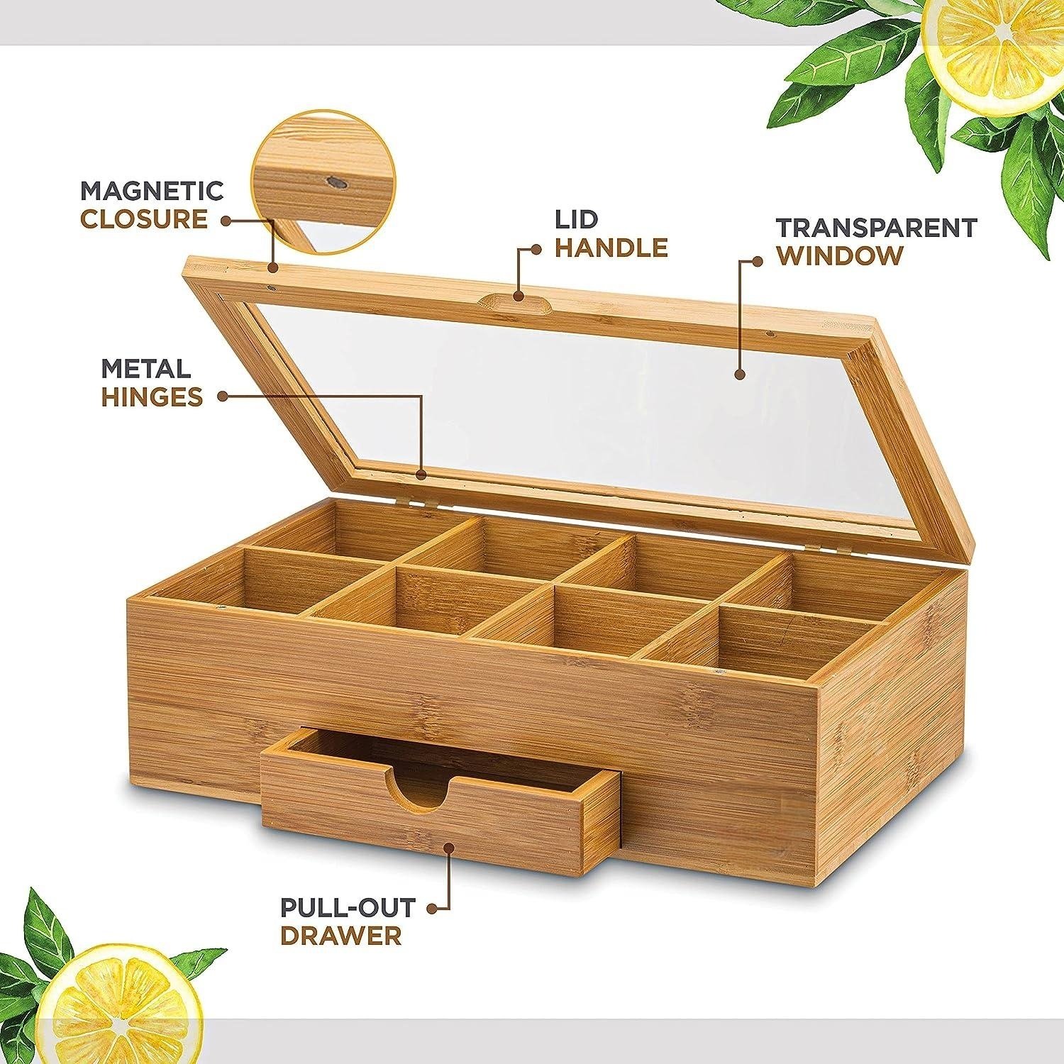 Factory Direct Tea Chest with Slide-Out Drawer & Acrylic Window Bamboo Storage Box for tea bag