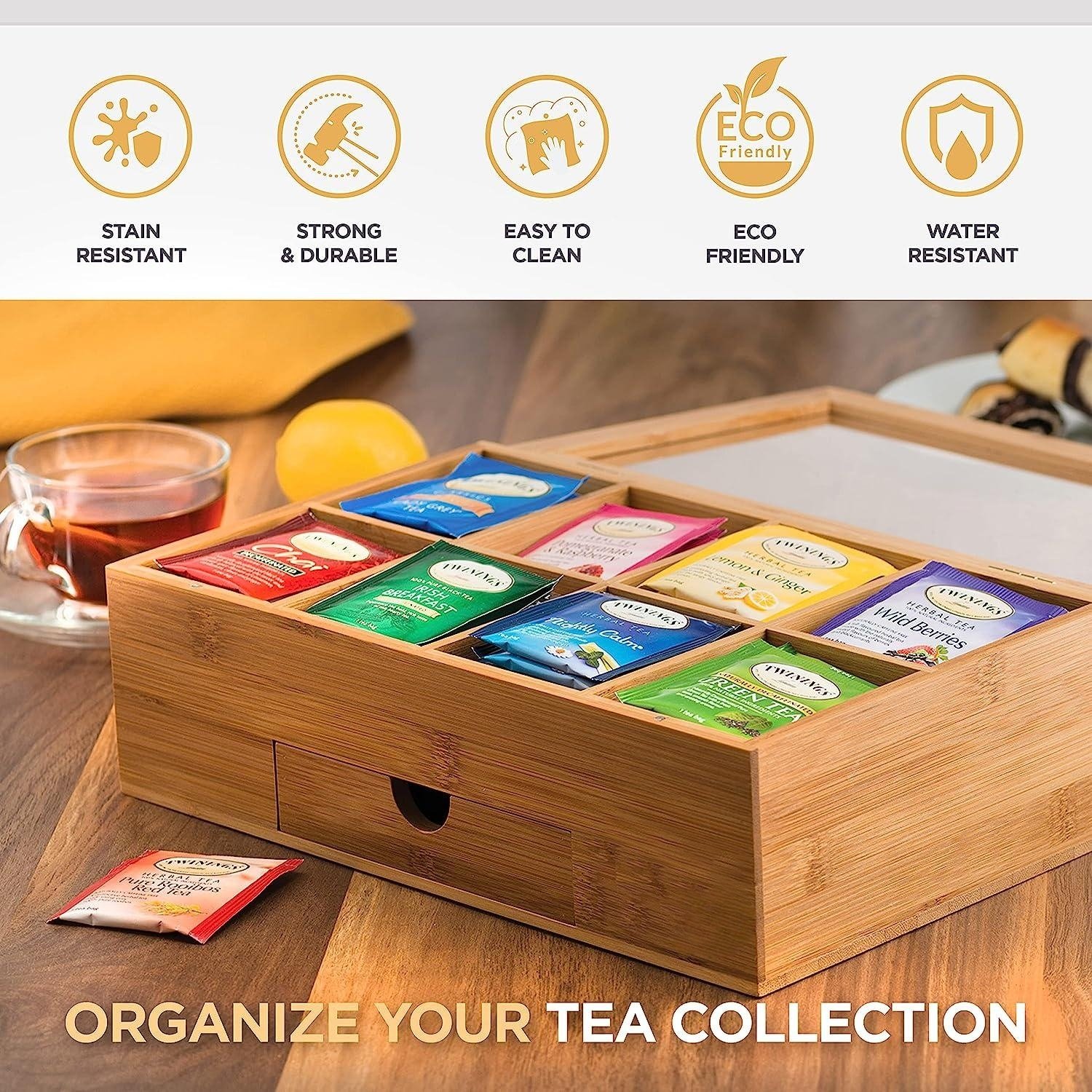 Factory Direct Tea Chest with Slide-Out Drawer & Acrylic Window Bamboo Storage Box for tea bag