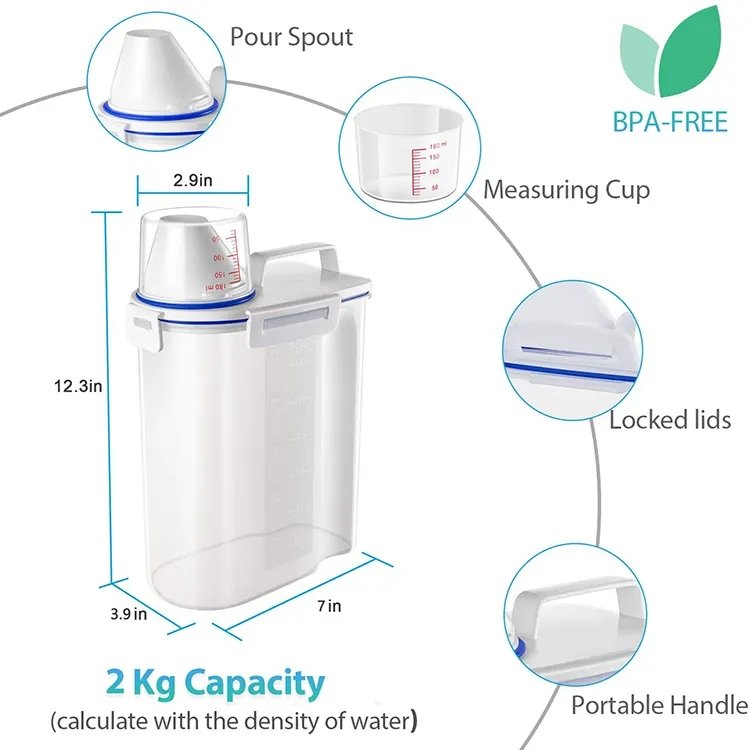2kg Rice Container Airtight Cereal Container Dry Grain Dispenser Food Storage Box with Airtight Design Measuring Cup