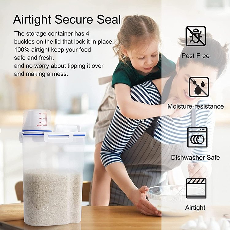 2kg Rice Container Airtight Cereal Container Dry Grain Dispenser Food Storage Box with Airtight Design Measuring Cup