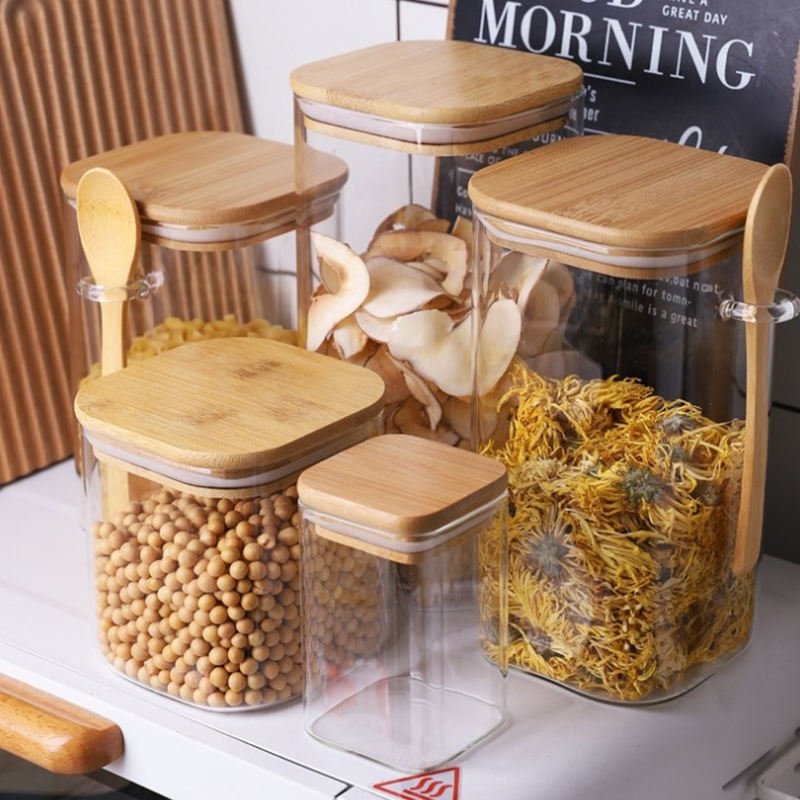 Custom Environmental friendly borosilicate glass Stackable Airtight Square Glass Storage Jar Containers With Wood Lid