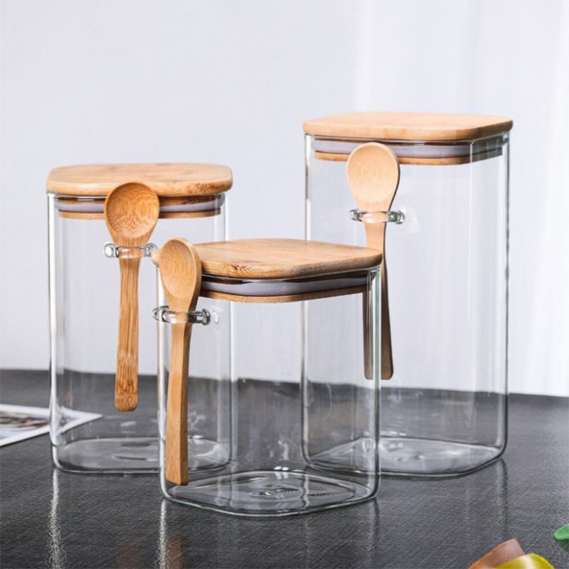 Custom Environmental friendly borosilicate glass Stackable Airtight Square Glass Storage Jar Containers With Wood Lid