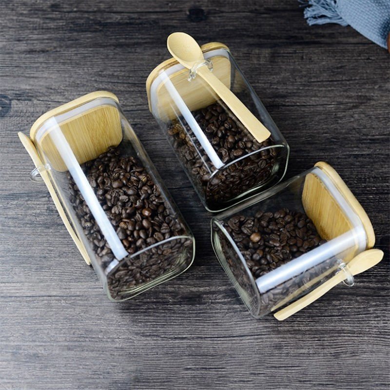 Custom Environmental friendly borosilicate glass Stackable Airtight Square Glass Storage Jar Containers With Wood Lid