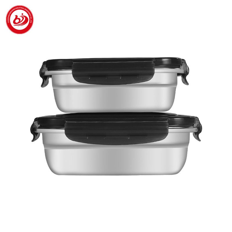 Kitchenware rectangle shape SUS304 vacuum leak proof storage food container custom tin crisper food storage with buckle PP lid