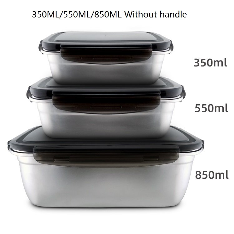 Kitchenware rectangle shape SUS304 vacuum leak proof storage food container custom tin crisper food storage with buckle PP lid