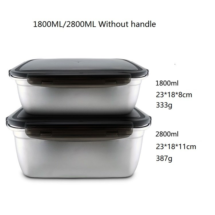 Kitchenware rectangle shape SUS304 vacuum leak proof storage food container custom tin crisper food storage with buckle PP lid