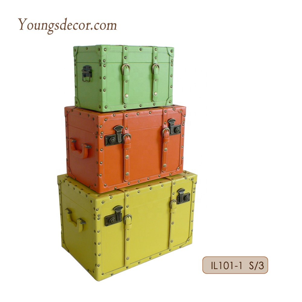 Decorative Home Furniture Wooden Leather Storage Trunks Boxes Display Showcase