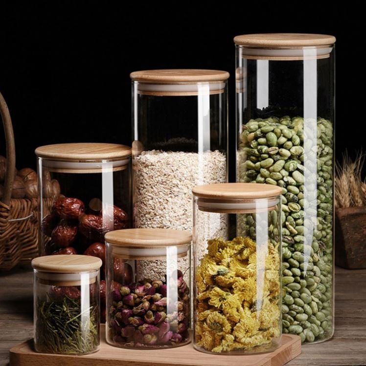 Food Storage Spicy Nuts Herb Stash Container Smell Proof Small Glass Jars With Bamboo Lids Silicon Seal 1oz 2oz