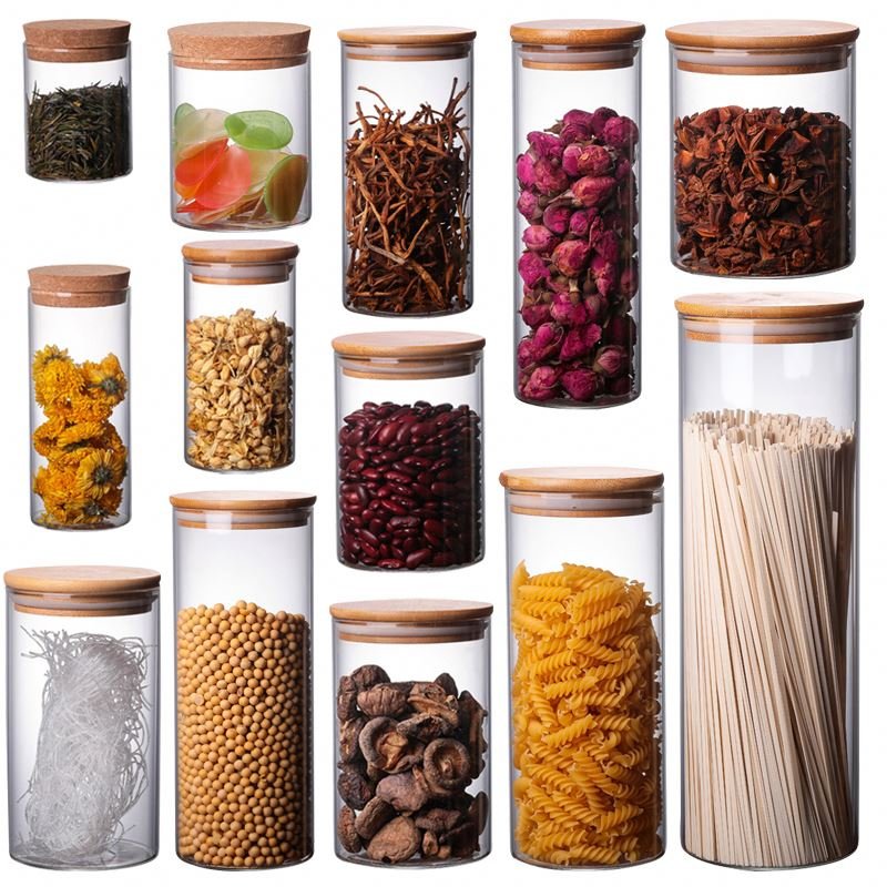 Food Storage Spicy Nuts Herb Stash Container Smell Proof Small Glass Jars With Bamboo Lids Silicon Seal 1oz 2oz