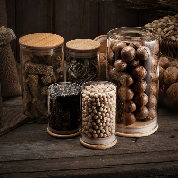 Food Storage Spicy Nuts Herb Stash Container Smell Proof Small Glass Jars With Bamboo Lids Silicon Seal 1oz 2oz