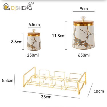 Luxury Gold Marble Seasoning Condiment Container Set Kitchen Ceramic Storage Jar with Diamond Bamboo Lid