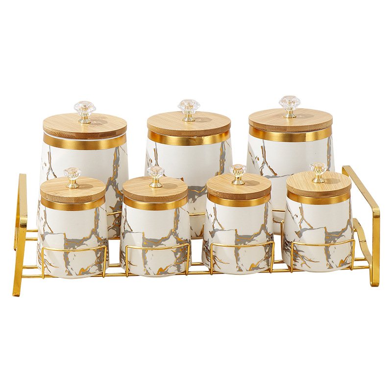 Luxury Gold Marble Seasoning Condiment Container Set Kitchen Ceramic Storage Jar with Diamond Bamboo Lid