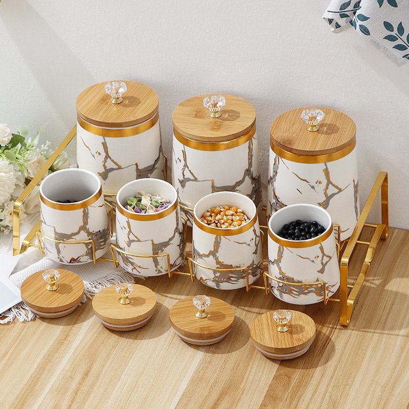 Luxury Gold Marble Seasoning Condiment Container Set Kitchen Ceramic Storage Jar with Diamond Bamboo Lid