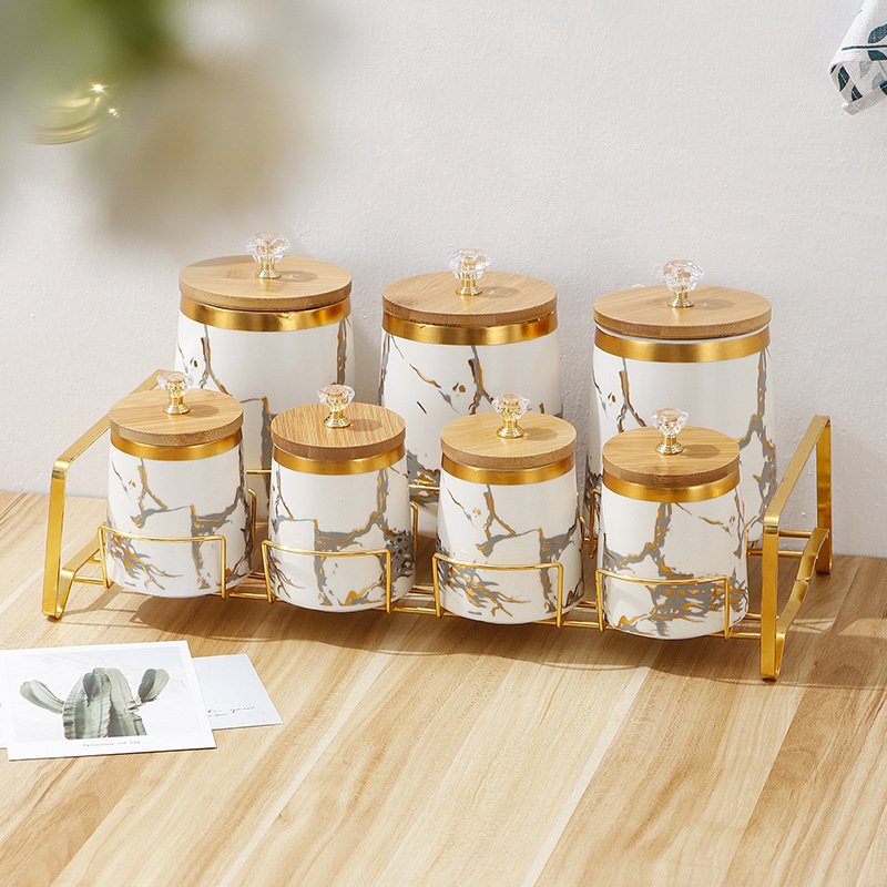 Luxury Gold Marble Seasoning Condiment Container Set Kitchen Ceramic Storage Jar with Diamond Bamboo Lid