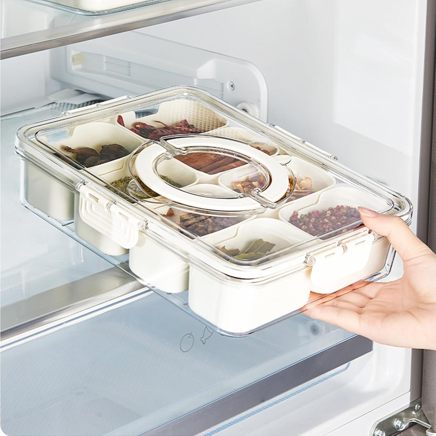 BST 8 compartment snack container divided serving tray Clear kitchen fridge food storage box with lid and handle